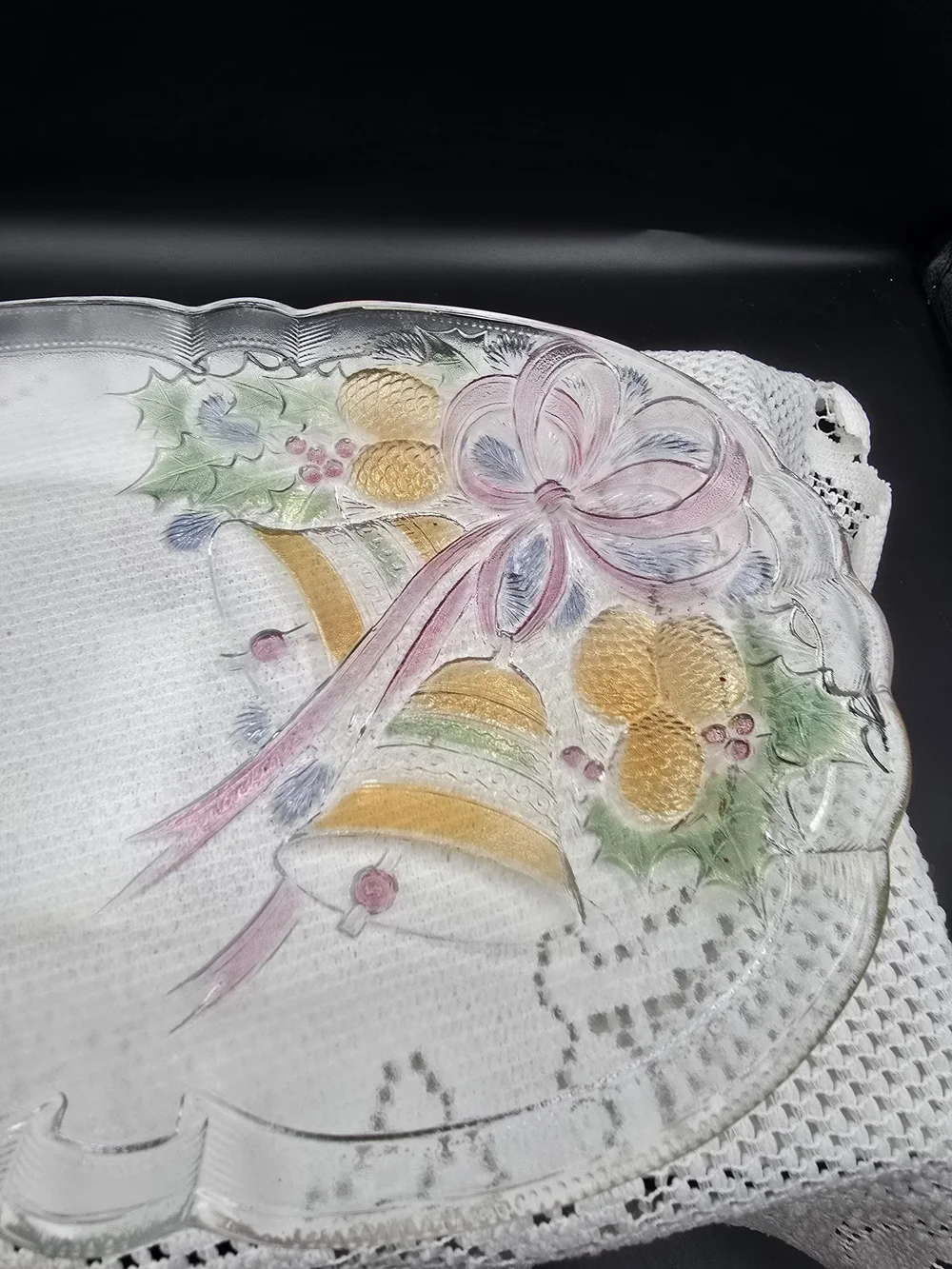 Festive Decorative Glass Holiday Platter with Bell and Pinecone Motif